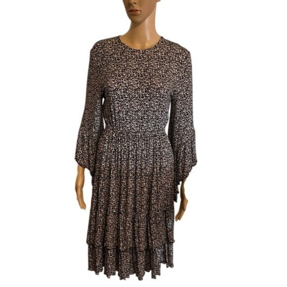 Tiered Ruffle Dress‎ Black White Print Long Sleeve Midi Casual